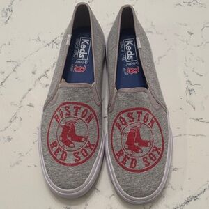 Keds Gray Slip-On Loafers with Red Boston Red Sox Emblem